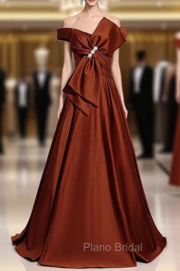 Burgundy Satin Bow Off the Shoulder Formal Prom Dresses Main image