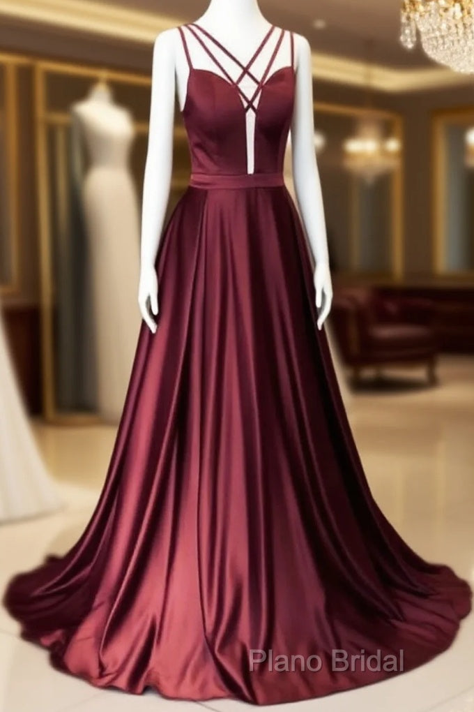 Burgundy Satin Cross Straps Long A Line Formal Prom Dresses Main image