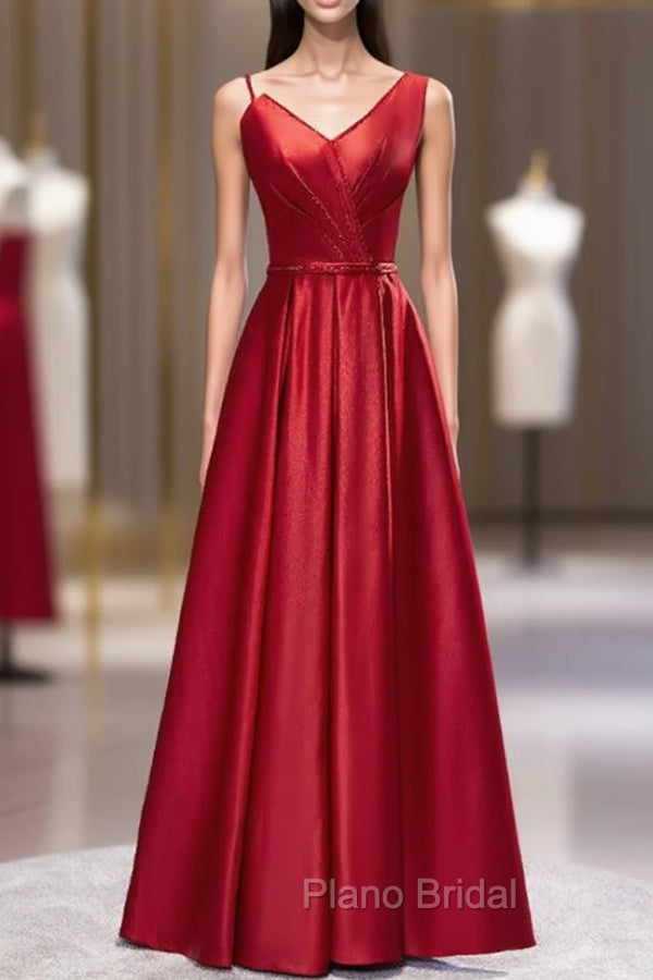 Burgundy Satin Dissymmetry Neck Beading Formal Prom Dresses