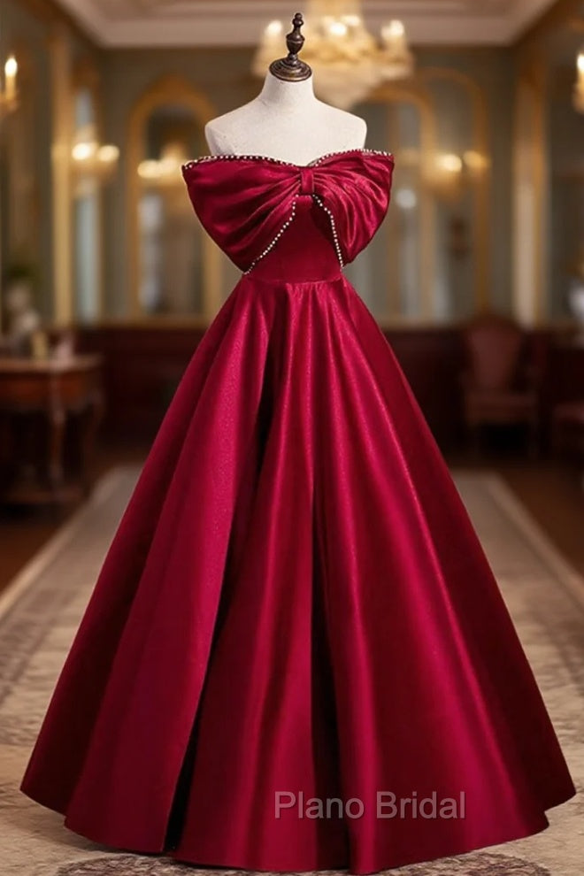 Burgundy Satin Floor Length Formal Prom Dresses, A-Line Off the Shoulder Evening Party Dresses Main image