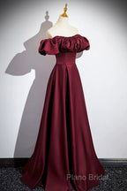Burgundy Satin Floor Length Formal Prom Dresses, Simple A-Line Formal Party Dresses