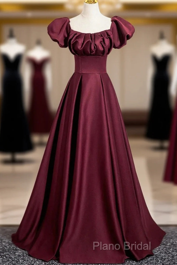 Burgundy Satin Floor Length Formal Prom Dresses, Simple A-Line Formal Party Dresses Main image