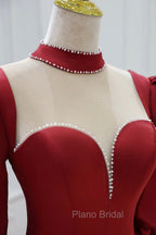 Burgundy Satin High Neck Long Formal Prom Dresses, Burgundy A-Line Evening Party Dresses