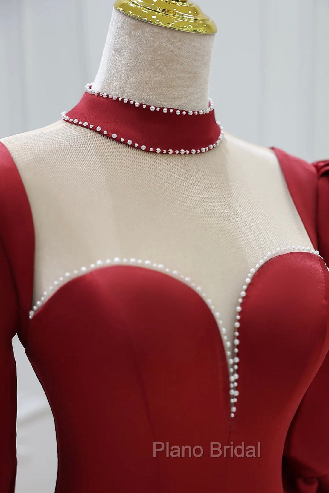 Burgundy Satin High Neck Long Formal Prom Dresses, Burgundy A-Line Evening Party Dresses