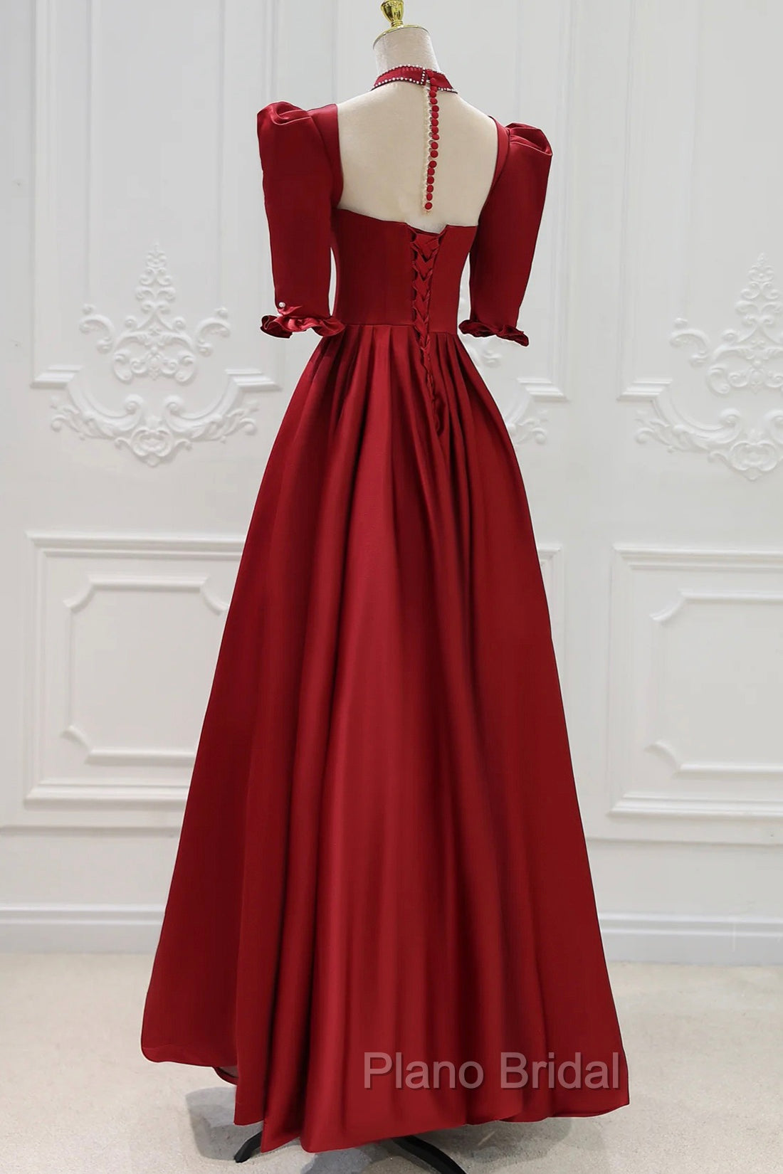 Burgundy Satin High Neck Long Formal Prom Dresses, Burgundy A-Line Evening Party Dresses