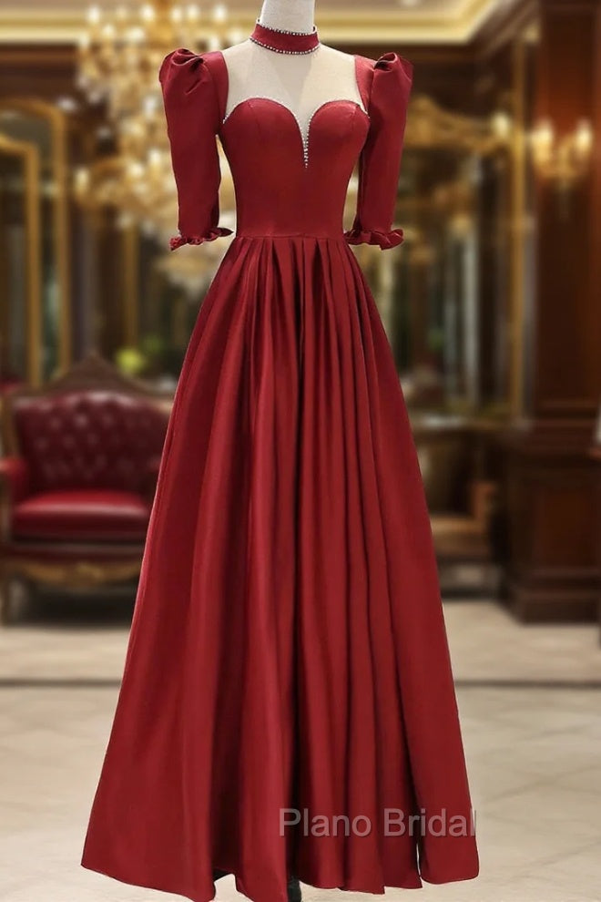 Burgundy Satin High Neck Long Formal Prom Dresses, Burgundy A-Line Evening Party Dresses Main image