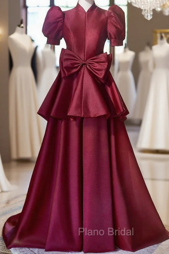 Burgundy Satin High Neck Puff Sleeve Bow Formal Prom Dresses Main image