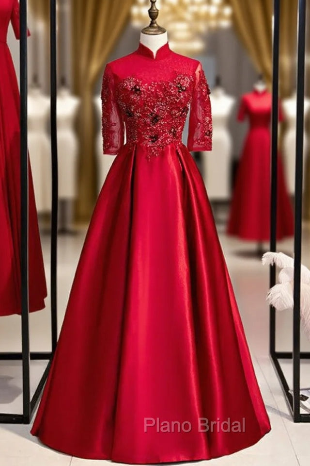 Burgundy Satin High Neck Short Sleeve Appliques Formal Prom Dresses Main image