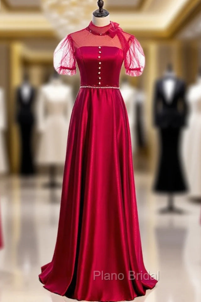 Burgundy Satin High Neck Short Sleeve Backless Beading Formal Prom Dresses