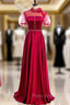 Burgundy Satin High Neck Short Sleeve Backless Beading Formal Prom Dresses