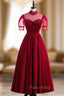 Burgundy Satin High Neck Short Sleeve Pleats Pearls Formal Prom Dresses