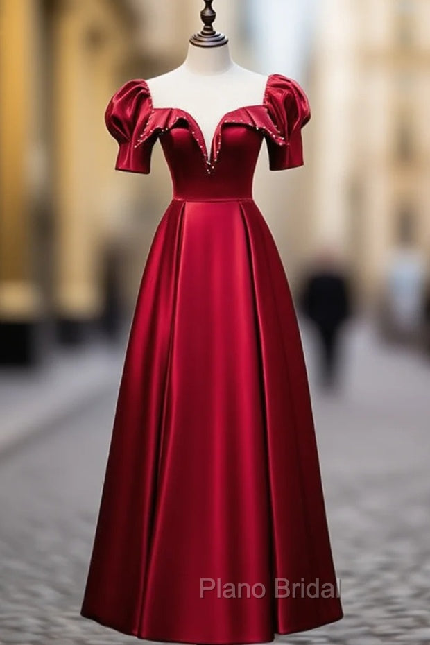 Burgundy Satin Illusion Neck Short Sleeve Formal Prom Dresses