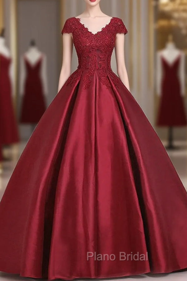 Burgundy Satin Lace Applique Scoop Neckline Long Formal Prom Dresses Main image