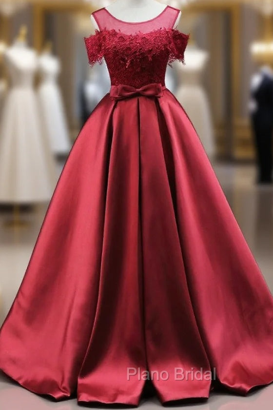 Burgundy Satin Lace Bow Formal Prom Dresses Main image
