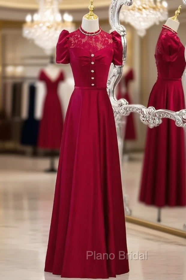Burgundy Satin Lace Puff Sleeve Backless Formal Prom Dresses Main image