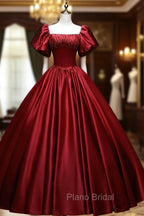 Burgundy Satin Long A-Line Formal Prom Dresses, Burgundy Formal Evening Dresses