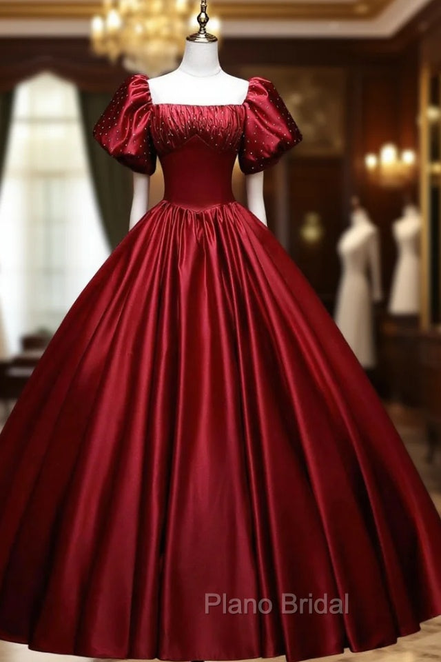 Burgundy Satin Long A-Line Formal Prom Dresses, Burgundy Formal Evening Dresses