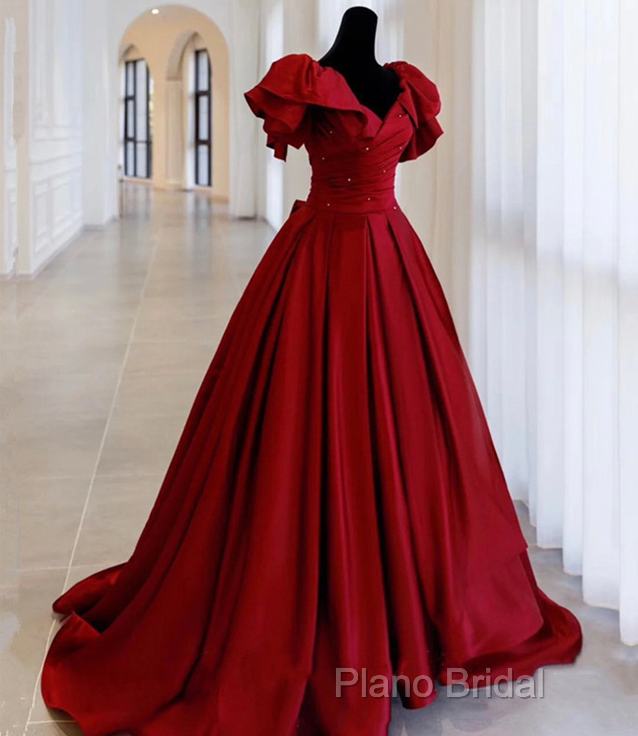 Burgundy Satin Long A Line Formal Prom Dresses Formal Dresses Secondary image