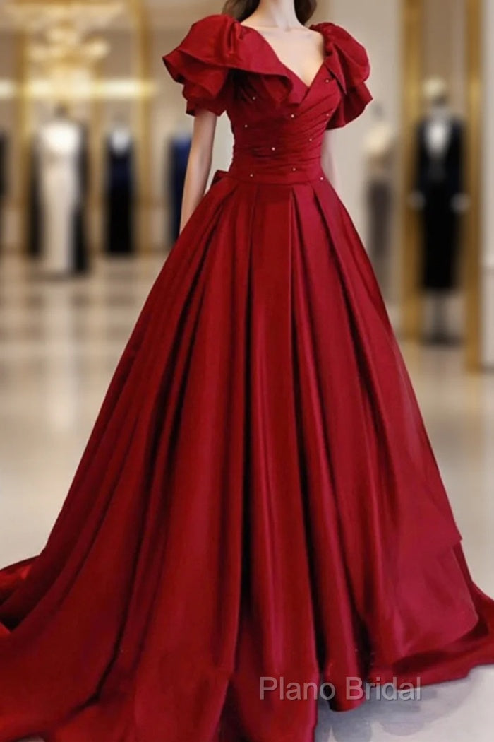 Burgundy Satin Long A Line Formal Prom Dresses Formal Dresses Main image