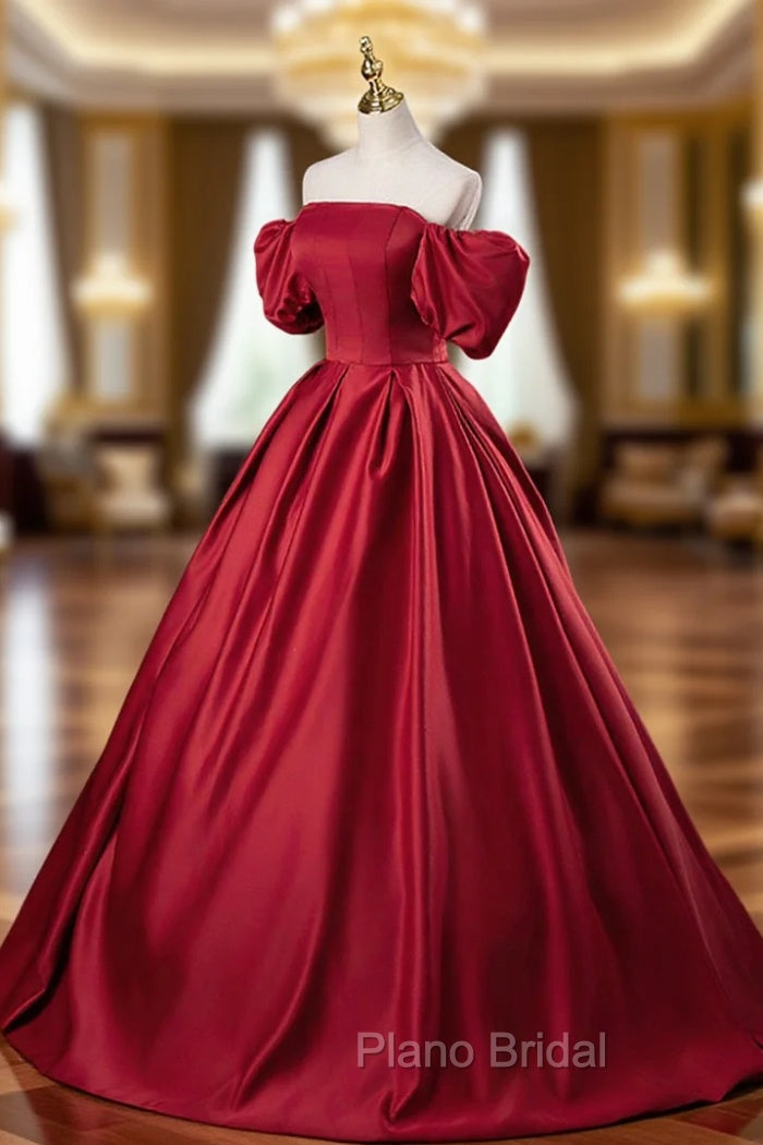 Burgundy Satin Long A-Line Formal Prom Dresses, Off the Shoulder Evening Party Dresses Main image