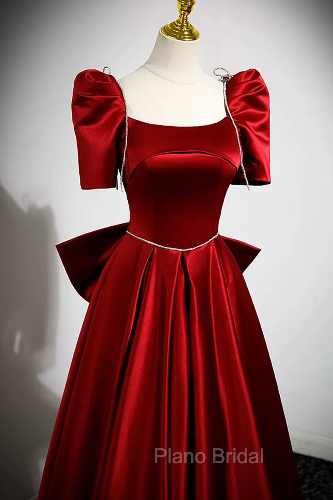 Burgundy Satin Long Formal Prom Dresses, A-Line Evening Dresses with Bow Secondary image