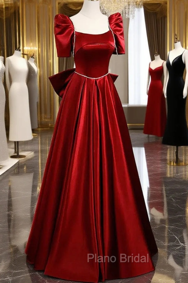 Burgundy Satin Long Formal Prom Dresses, A-Line Evening Dresses with Bow Main image