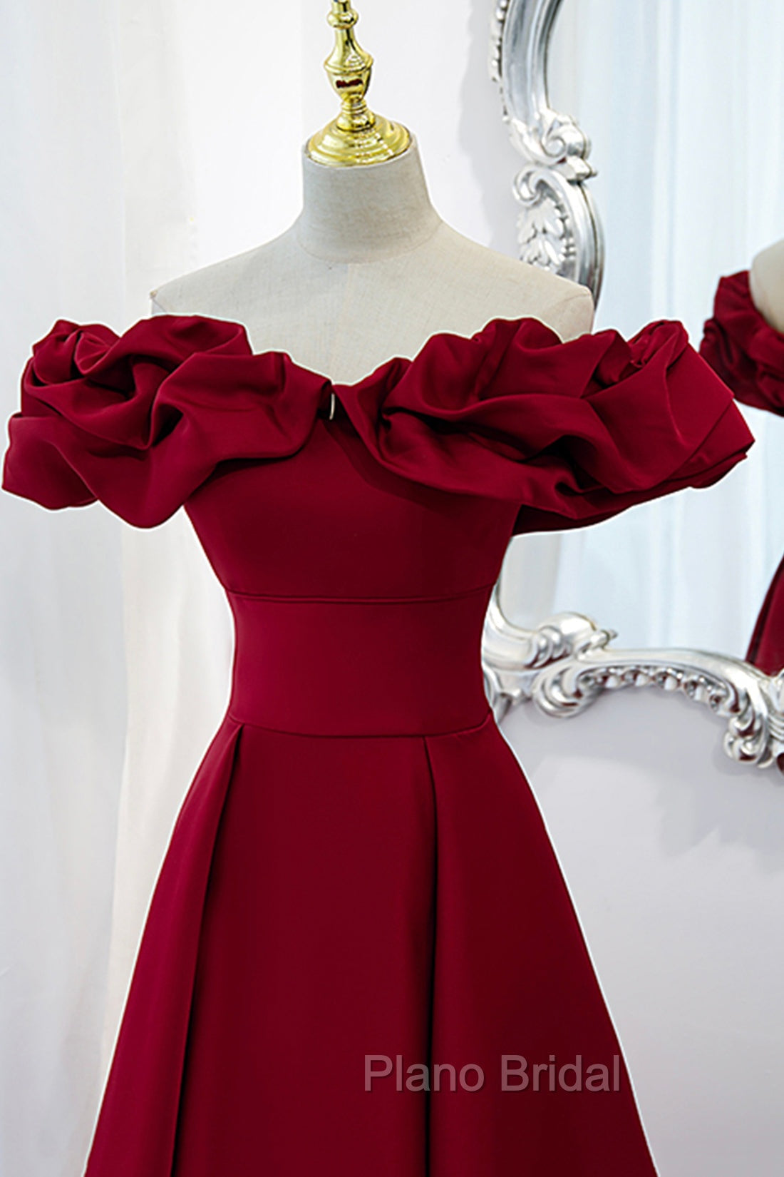 Burgundy Satin Long Formal Prom Dresses, A-Line Off Shoulder Evening Party Dresses Secondary image
