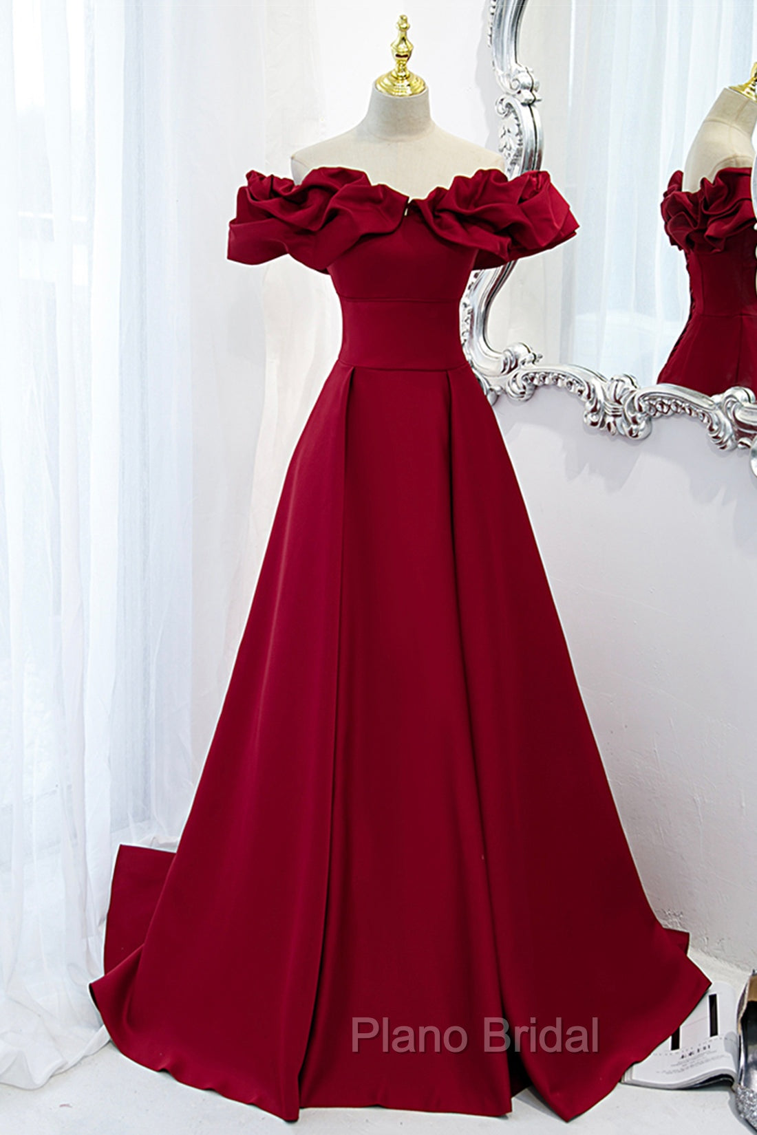 Burgundy Satin Long Formal Prom Dresses, A-Line Off Shoulder Evening Party Dresses Main image