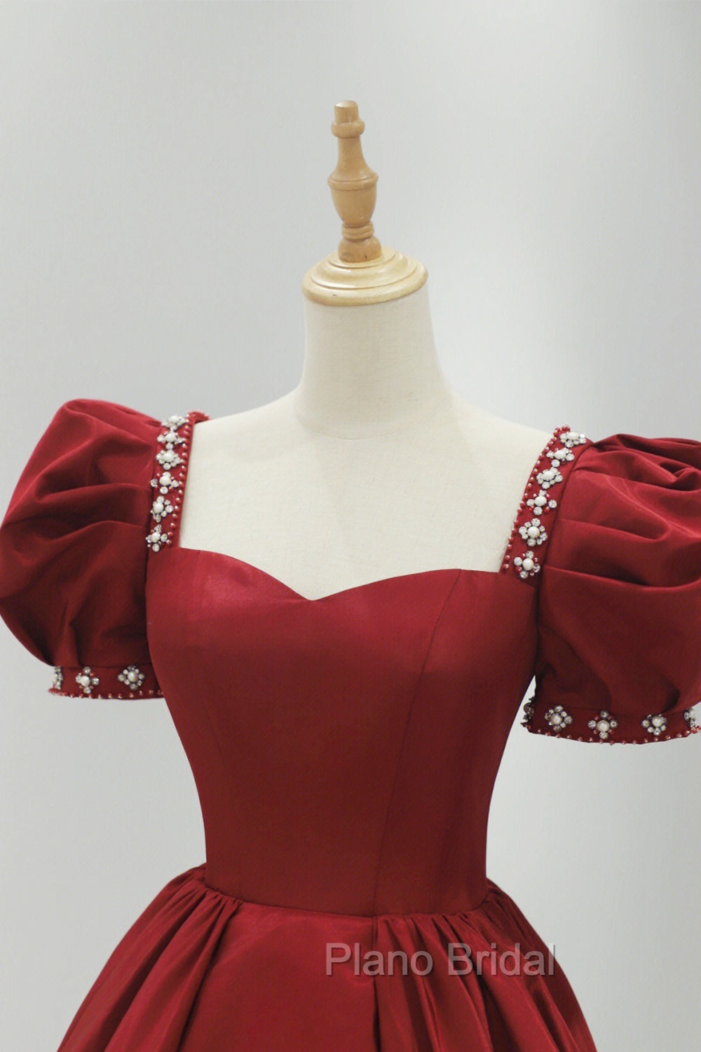 Burgundy Satin Long Formal Prom Dresses, A-Line Short Sleeve Evening Dresses Secondary image