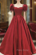 Burgundy Satin Long Formal Prom Dresses, A-Line Short Sleeve Evening Dresses