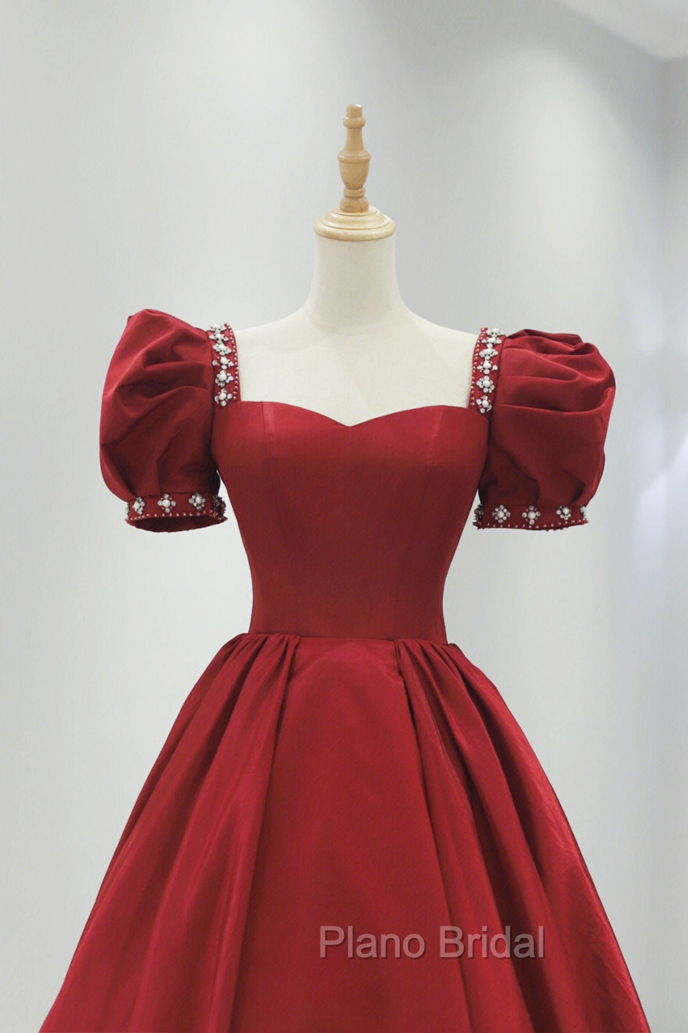 Burgundy Satin Long Formal Prom Dresses, A-Line Short Sleeve Evening Dresses Main image