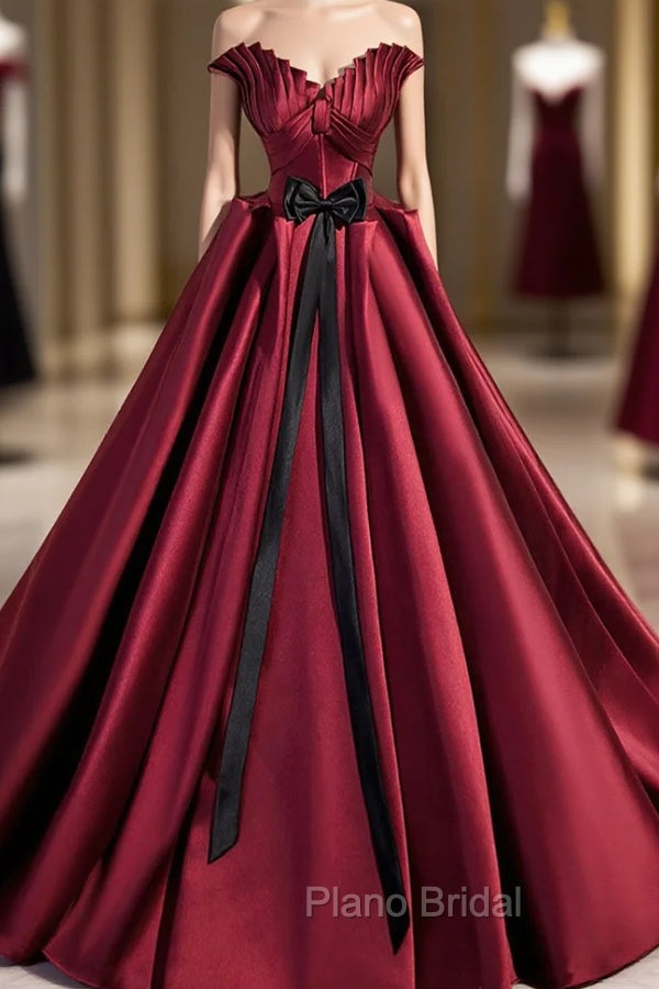 Burgundy Satin Long Formal Prom Dresses, Burgundy A-Line Evening Dresses
