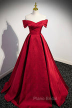 Burgundy Satin Long Formal Prom Dresses, Off Shoulder Evening Party Dresses