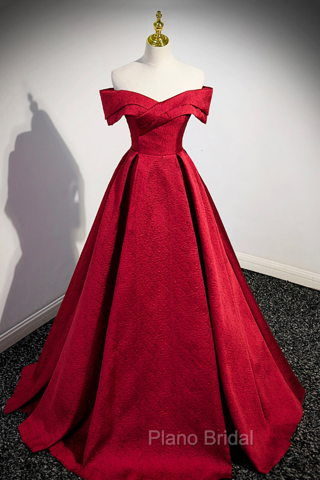 Burgundy Satin Long Formal Prom Dresses, Off Shoulder Evening Party Dresses