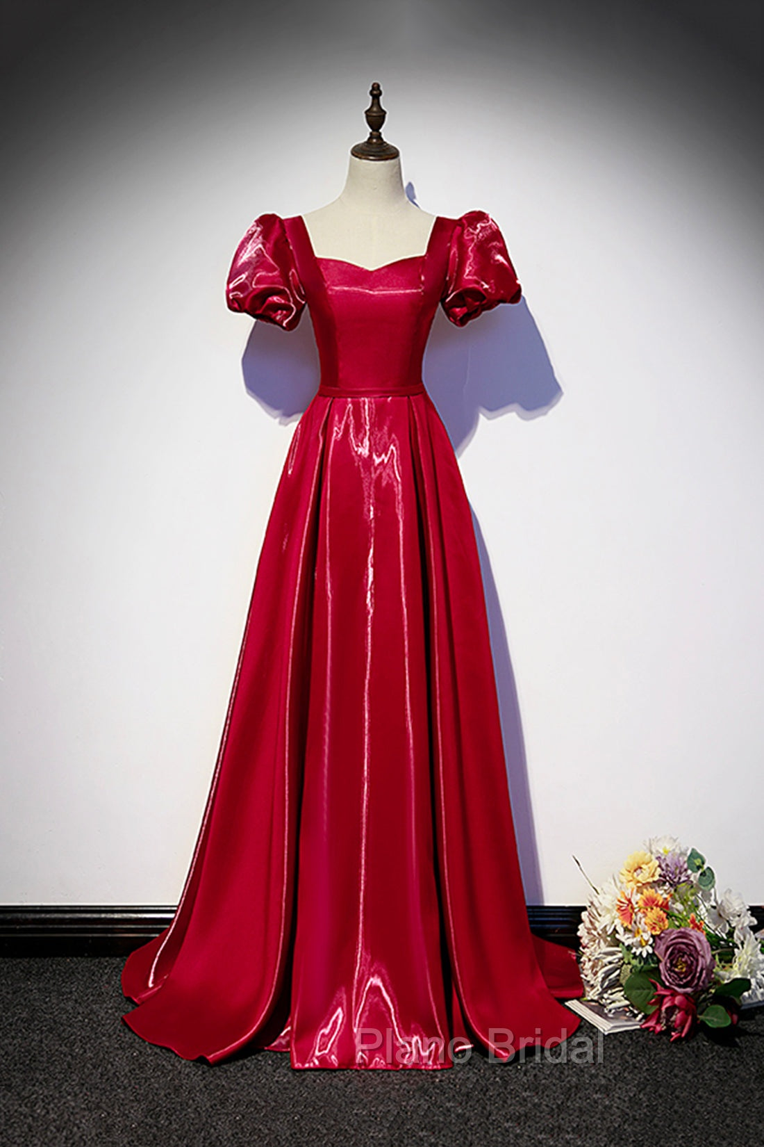 Burgundy Satin Long Formal Prom Dresses, Simple A-Line Evening Dresses Main image