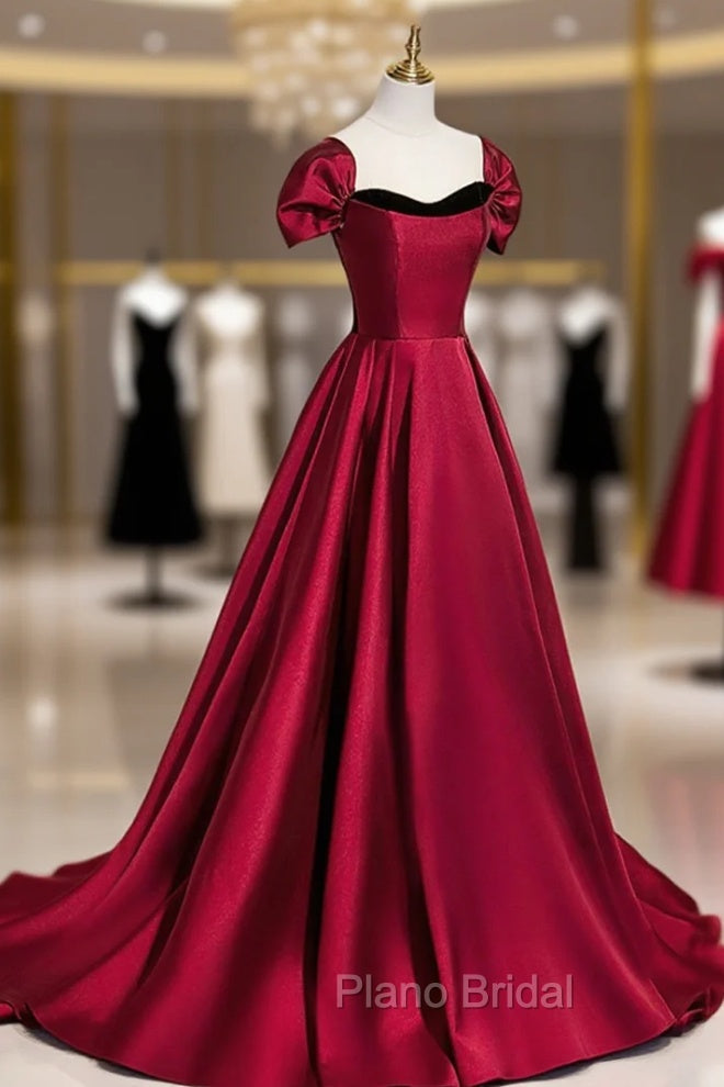 Burgundy Satin Long Formal Prom Dresses, Simple A-Line Evening Party Dresses Secondary image