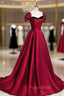 Burgundy Satin Long Formal Prom Dresses, Simple A-Line Evening Party Dresses