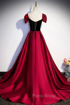 Burgundy Satin Long Formal Prom Dresses, Simple A-Line Evening Party Dresses