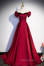 Burgundy Satin Long Formal Prom Dresses, Simple A-Line Evening Party Dresses