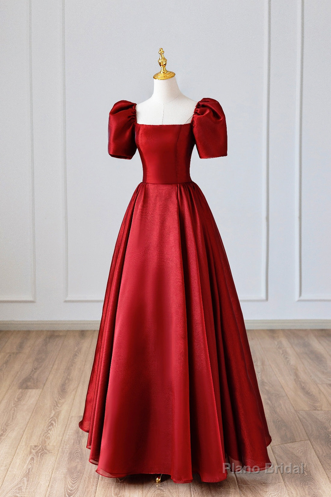 Burgundy Satin Long Prom Dress, Simple A-Line Short Sleeve Evening Dress Secondary image
