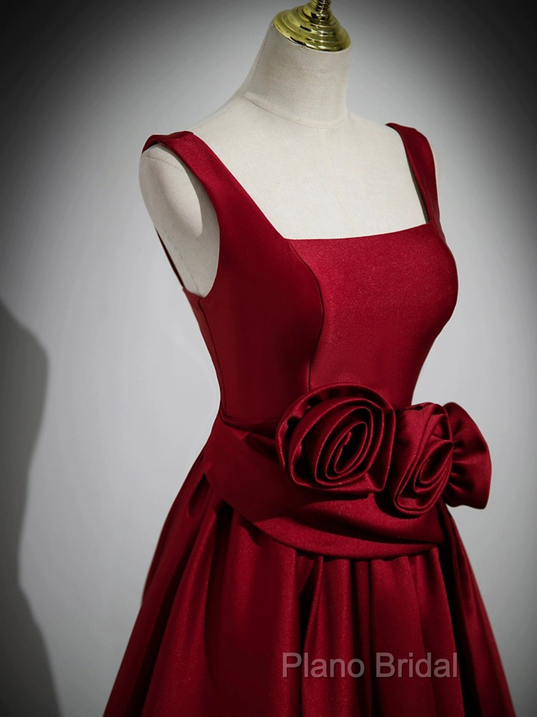 Burgundy Satin Long Formal Prom Dresses With Flowers, Elegant A-Line Party Dresses