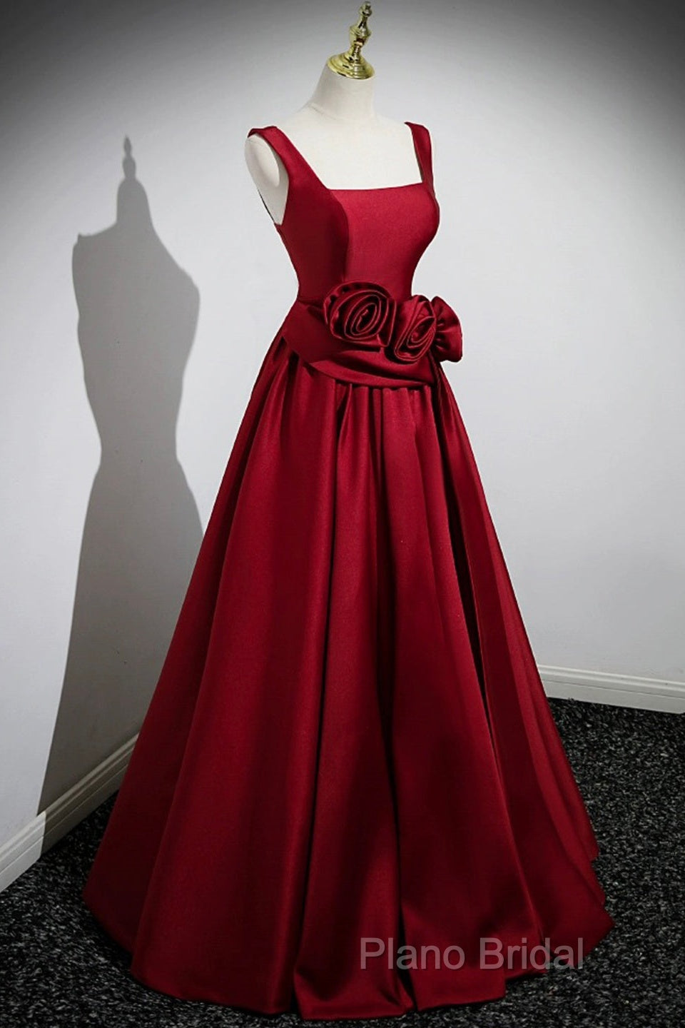 Burgundy Satin Long Formal Prom Dresses With Flowers, Elegant A-Line Party Dresses