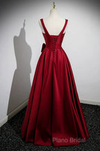 Burgundy Satin Long Formal Prom Dresses With Flowers, Elegant A-Line Party Dresses