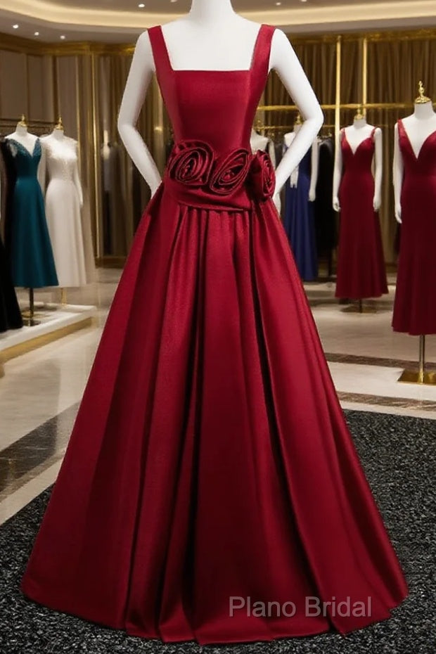 Burgundy Satin Long Formal Prom Dresses With Flowers, Elegant A-Line Party Dresses Main image
