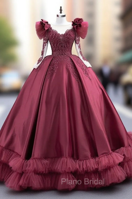 Burgundy Satin Long Sleeve Beading Formal Prom Dresses Main image