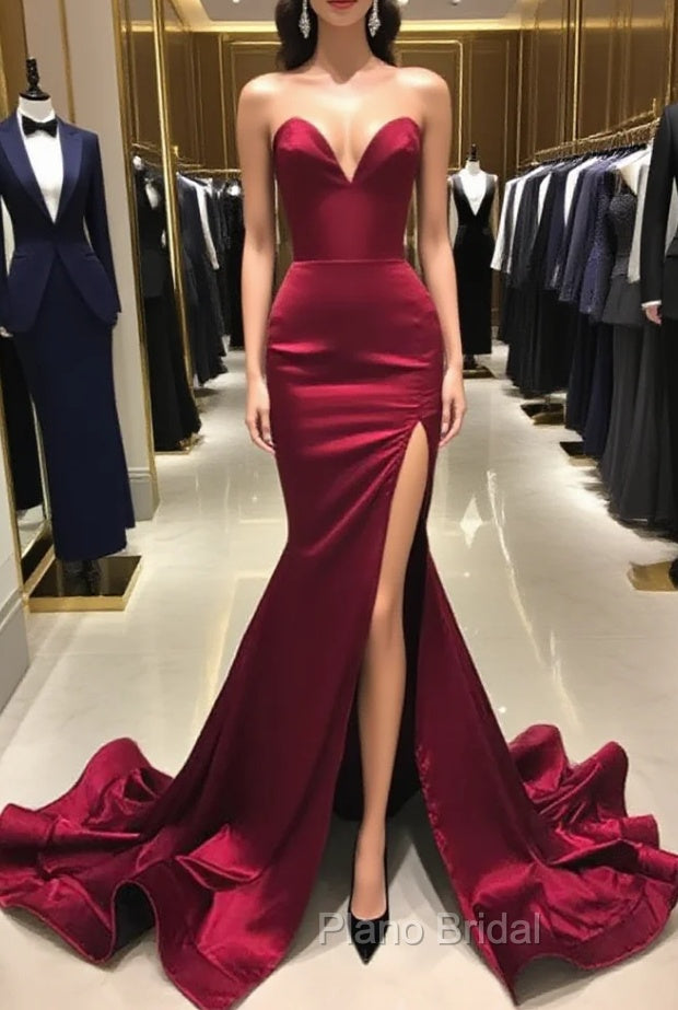 Burgundy Satin Mermaid Long Sweetheart Evening Dresses Burgundy Formal Prom Dresses Formal Prom Dresses shops Main image