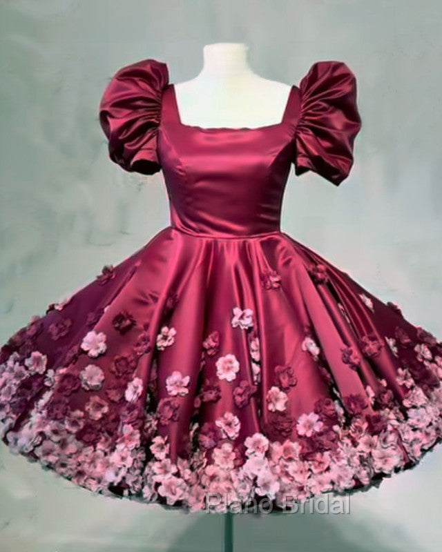 Burgundy Satin Mini Dresses With 3D Flowers