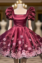 Burgundy Satin Mini Dresses With 3D Flowers
