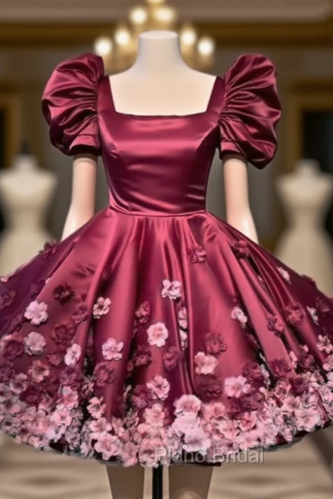 Burgundy Satin Mini Dresses With 3D Flowers