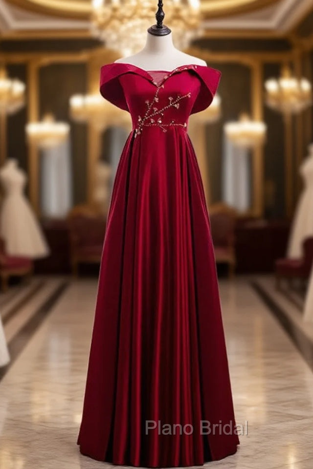 Burgundy Satin Off the Shoulder Appliques Beading Formal Prom Dresses Main image